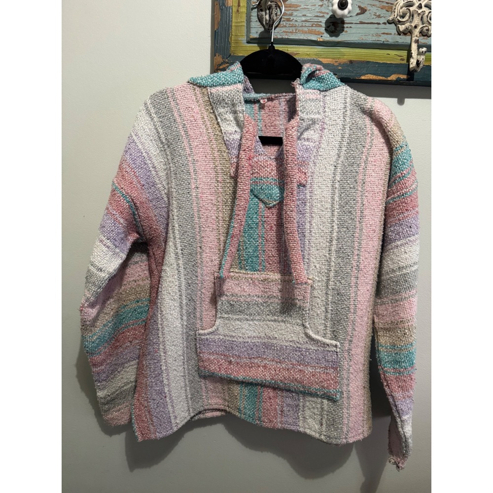 Pastel Striped Baja Hoodie Women Large Pink Purple Teal Woven Pullover